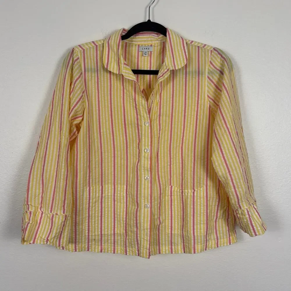 Lake Zest Coastline Striped Button Down Long Sleeve Pajama Top XXS